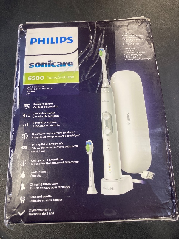 Photo 1 of Philips Sonicare ProtectiveClean 6500 Rechargeable Electric Toothbrush, with Pressure Sensor, 3 Cleaning Modes, SmarTimer and QuadPacer, 14-Day Battery Life, Charging Travel Case, White, HX6462/05