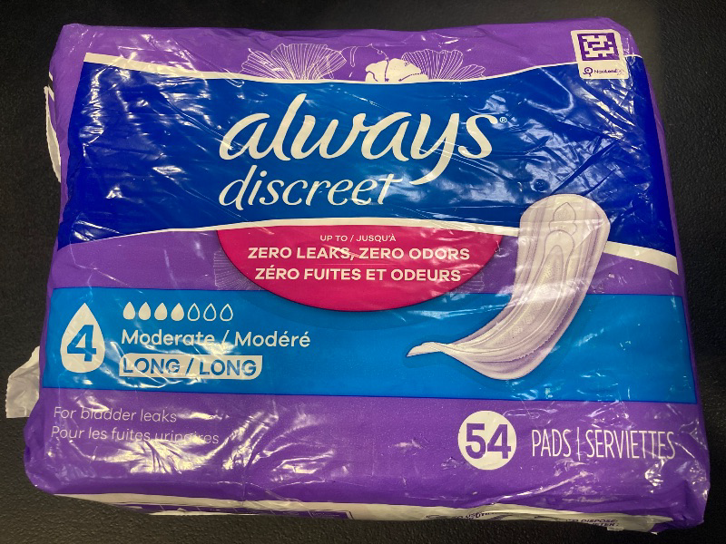 Photo 1 of Always Discreet Adult Incontinence Pads for Women, Moderate Absorbency, Long Length, Postpartum Pads, Up to 100% Bladder Leak Protection, 54 Count (Packaging May Vary)