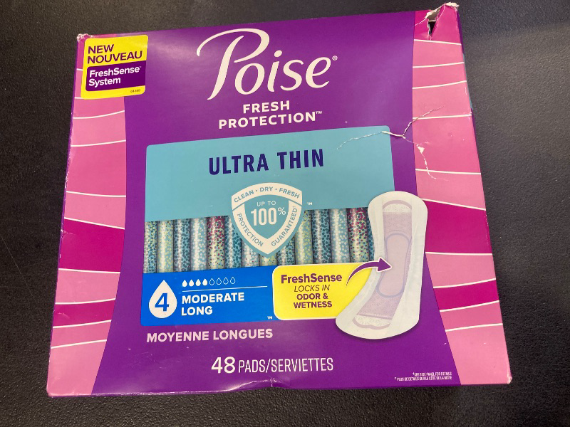 Photo 1 of Poise Ultra Thin Incontinence Pads & Postpartum Pads for Bladder Leaks, 4 Drop Moderate Absorbency, Long Length, 48 Count, Packaging May Vary
