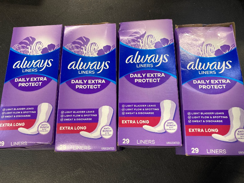 Photo 1 of Always Daily Extra Protect Liners, Extra Long Length, Unscented Panty Liners, Feel Clean and Comfortable for up to 10 Hours, 116 Count (Packaging May Vary)