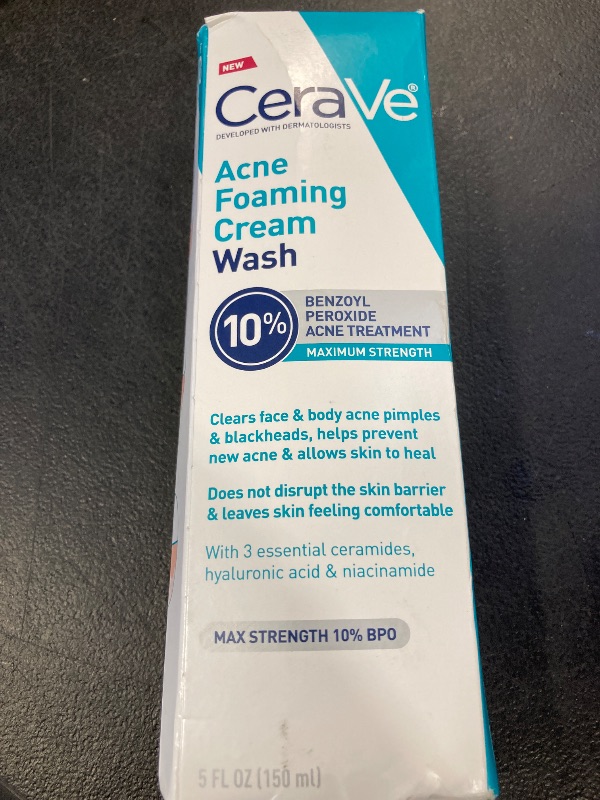 Photo 1 of CeraVe Acne Foaming Cream Wash, Gentle Face and Body Cleanser with Benzoyl Peroxide 10%, Hyaluronic Acid, and Niacinamide, 10% Benzoyl Peroxide Treatment Clears Pimples and Blackheads 5 Oz