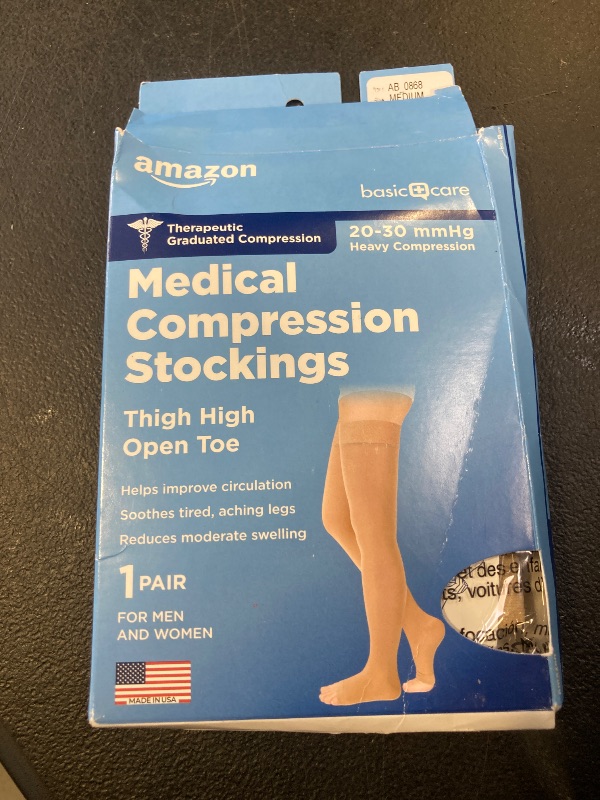 Photo 1 of Amazon Basic Care Medical Compression Stockings, 20-30 mmHg Support, Women & Men Thigh Length Hose, Open Toe, Beige, Medium (Previously NuVein)