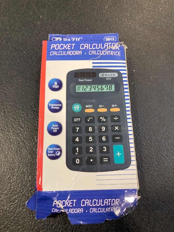 Photo 1 of BAZIC 8 Digit Pocket Size Calculator, Dual Power Solar & Battery, LCD Display, Mini Small Basic Standard Function Calculators, Black Color, 1-Pack