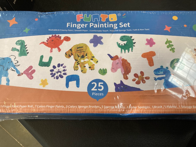 Photo 1 of Funto Kids Washable Finger Paint Set, 25 PCS Non Toxic Art Painting Supplies for Baby, Includes Finger Paint Paper Roll, Brush Set, Arts Crafts for Toddlers Age 1-3