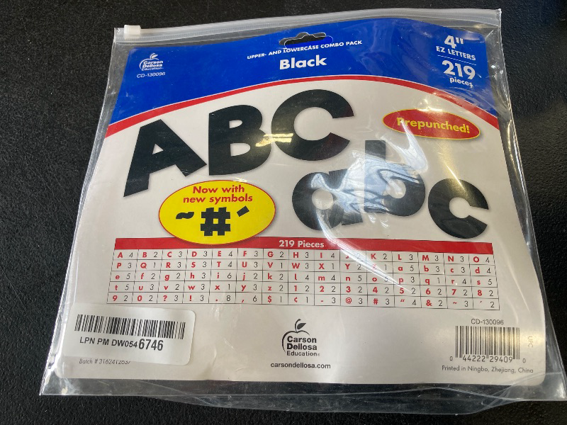 Photo 1 of Carson Dellosa 219-Piece Black Cutout Letters, 4" Upper and Lowercase Alphabet, Numbers, Punctuation, and Symbols for Bulletin Board, Posterboard, Party, and Classroom Decor