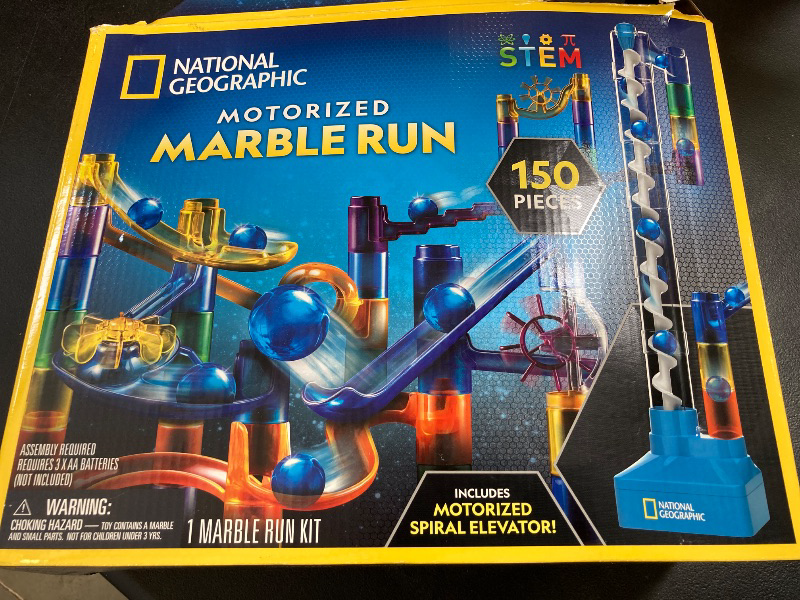 Photo 1 of National Geographic Marble Run with Motorized Elevator - 150-Piece Marble Maze Kit with Motorized Spiral Lift, 30 Marbles, Storage Bag & More, Perpetual Motion Machine, Marble Game, Kids Physics Toys