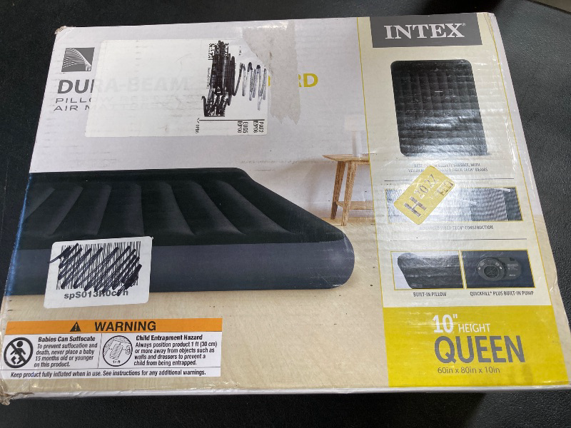 Photo 1 of INTEX 64149ED Dura-Beam Standard Pillow Rest Air Mattress: Fiber-Tech – Queen Size – Built-in Electric Pump – 10in Bed Height – 600lb Weight Capacity