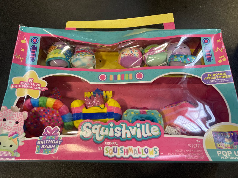 Photo 1 of Squishville by Original Squishmallows Birthday Bash Set - Six Exclusive 2-inch Squishmallows Plush, Four Costumes and Accessories, and a Pop-Up Play Display - Toys for Kids