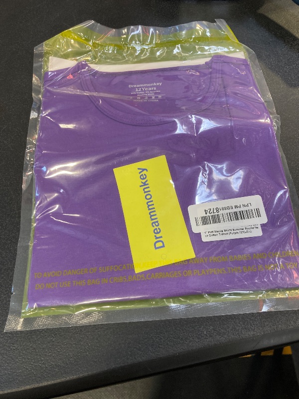 Photo 1 of Dreammonkey Girls' Puff Sleeve Shirts Summer Round Neck Cotton T-Shirt (Purple,12Y)