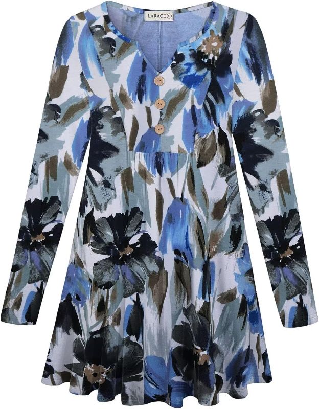 Photo 1 of LARACE Womens Plus Size 3/4 Sleeve Loose Fit Flare Swing Tunic Tops Floral High Low Basic T Shirt, XL