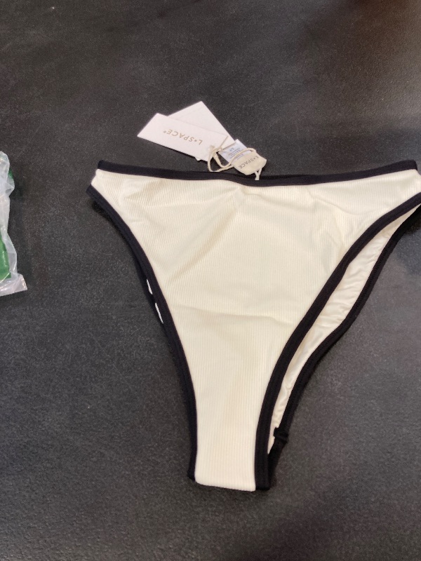 Photo 1 of L*Space Ribbed Nora Bikini Bottom for Women, High Waisted Bottom, Bitsy Coverage, Cuts High on The Leg, Contrast Binding, Black-Cream, S