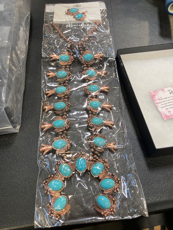 Photo 1 of Rosemarie & Jubalee Women's Statement Western Howlite Squash Blossom Necklace Earrings Set, 24"+3" Extension (Copper Tone Turquoise Stone)