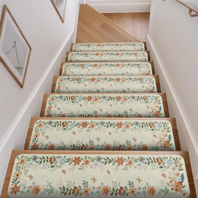 Photo 1 of OJIA Floral Stair Treads Non-Slip Stair Runners for Wooden Steps Indoor 15PCS 30"x8" Carpet Stair Treads Stair Mats Staircase Step Treads for Kids, Elders and Dogs, Stair Covers, Beige