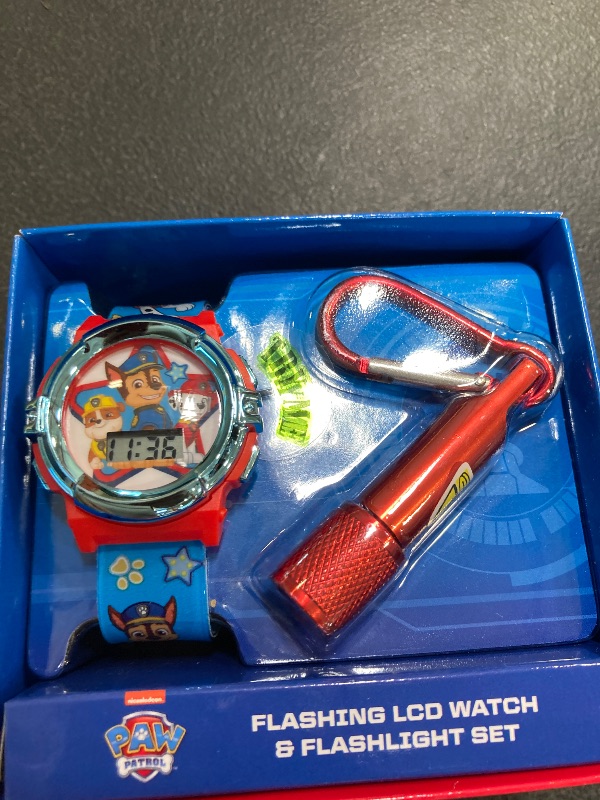 Photo 1 of Paw Patrol Kids Flashlight LCD Watch & Flashlight Set – Chase, Marshall, Rubble Character Design, Digital Display, Light-Up Feature, Adjustable Strap, Fun for Young Fans – Fits Wrists 5.5” to 8”
