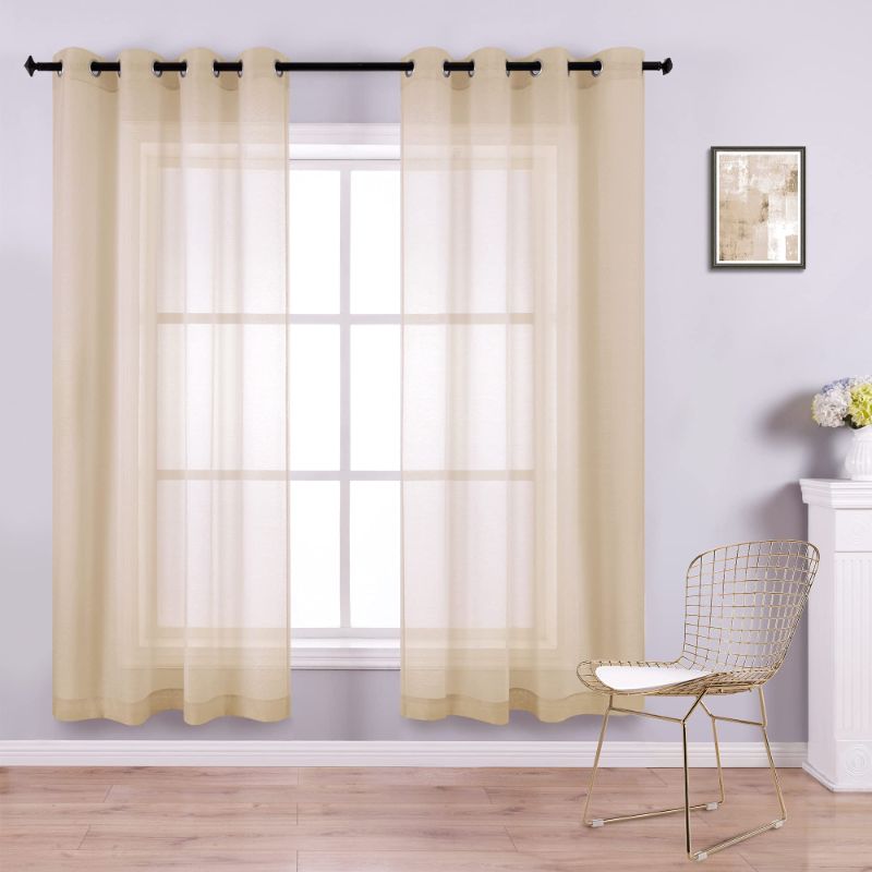 Photo 1 of Beige Sheer Curtains 63 Inch Length for Nursery Set of 2 Panels Grommet Linen Look Voile Drapes Semi Sheer Gold Dark Beige Rustic Curtains for Cabin Window Bedroom Sill Kids Living Room 63 Inches Long