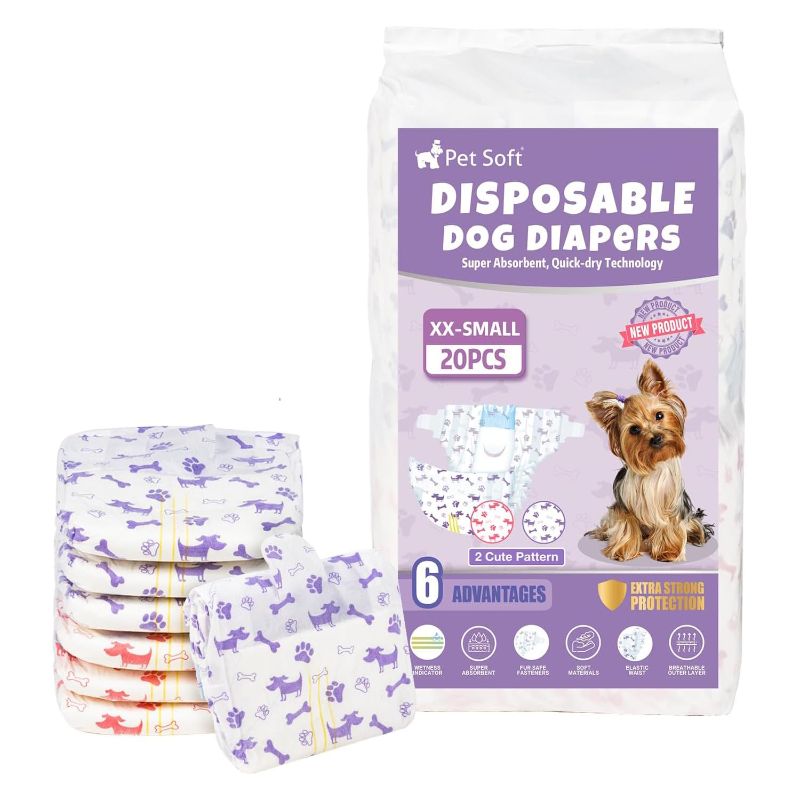 Photo 1 of Pet Soft Female Dog Diapers - Disposable Doggie Diapers with Wetness Indicator, Puppy & Cat Diapers Super Absorbent, Fit for Female Dog in Heat or Incontinence, 20pcs (XXS, Mixed)