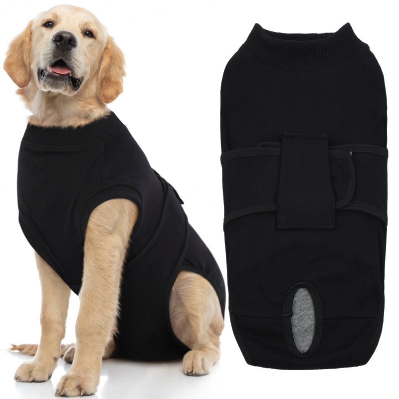 Photo 1 of FUAMEY Dog Recovery Suit Male,Dogs Surgery Neuter Suits Puppy Spay Shirts for Female Protect Dog's Skin Anti Licking Abdominal Wounds Doggie Onesie Pet Bodysuit Alternative to Cone Black XL