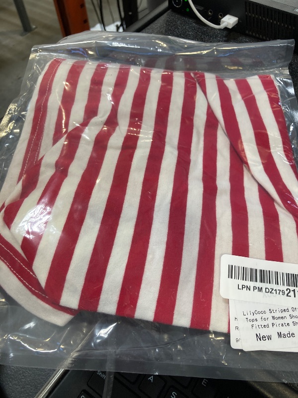 Photo 1 of LilyCoco Striped Off The Shoulder Tops for Women Short Sleeve Sexy Fitted Pirate Shirt Red Small