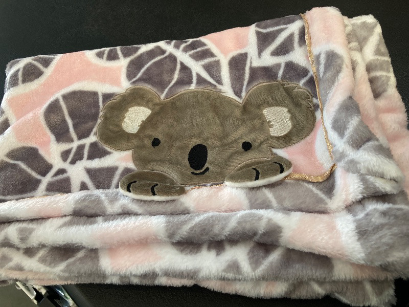 Photo 1 of Lambs & Ivy Calypso Pink/Gray Koala Leaf Print Luxury Coral Fleece Baby Blanket
