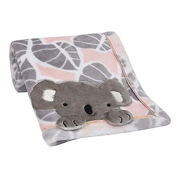 Photo 1 of Lambs & Ivy Calypso Pink/Gray Koala Leaf Print Luxury Coral Fleece Baby Blanket