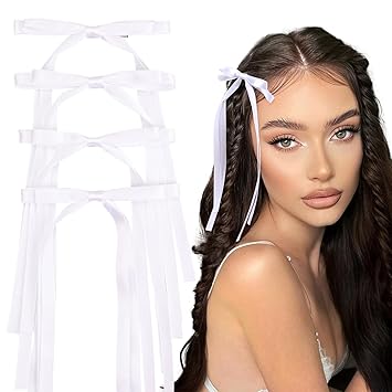 Photo 1 of 4PCS Hair Bows for Women Girls, White Tassel Ribbon Bowknot Hair Clips Barrettes for Girl with Long Tail, Solid Satin Hair Accessories (White)