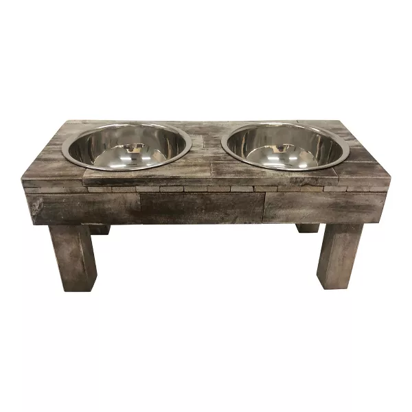 Photo 1 of Huntley Pet Berjen Table Elevated Double Bowl Pet Feeder, Brown Wash (Large)