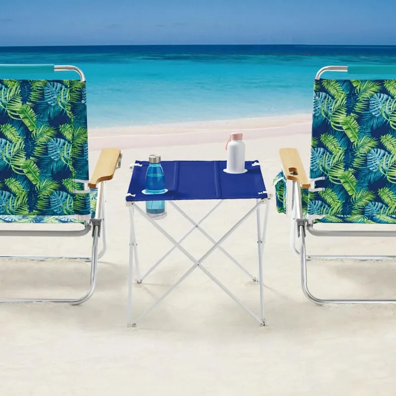 Photo 1 of Folding Beach Table – Blue & White with 2 Mesh Cup Holders, Portable & Lightweig