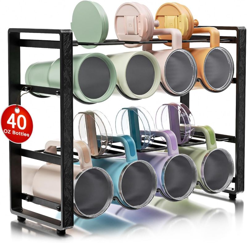 Photo 1 of 2-Tier Water Bottle Organizer for Cabinet - for Stanley 40 oz Tumbler, Anti-Rolling Cup Organizer for Kitchen Cabinets with Lid Storage, Water Bottle Holder for Cabinet Travel Mug Cup
