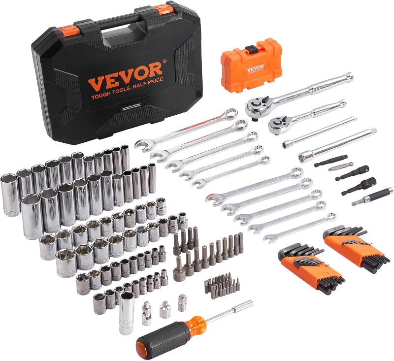 Photo 1 of VEVOR Mechanics Tool Set and Socket Set, 1/4" and 3/8" Drive Deep and Standard Sockets, 145 Pcs SAE and Metric Mechanic Tool Kit with Bits, Combination Wrench, Hex Wrenches, Accessories, Storage Case
