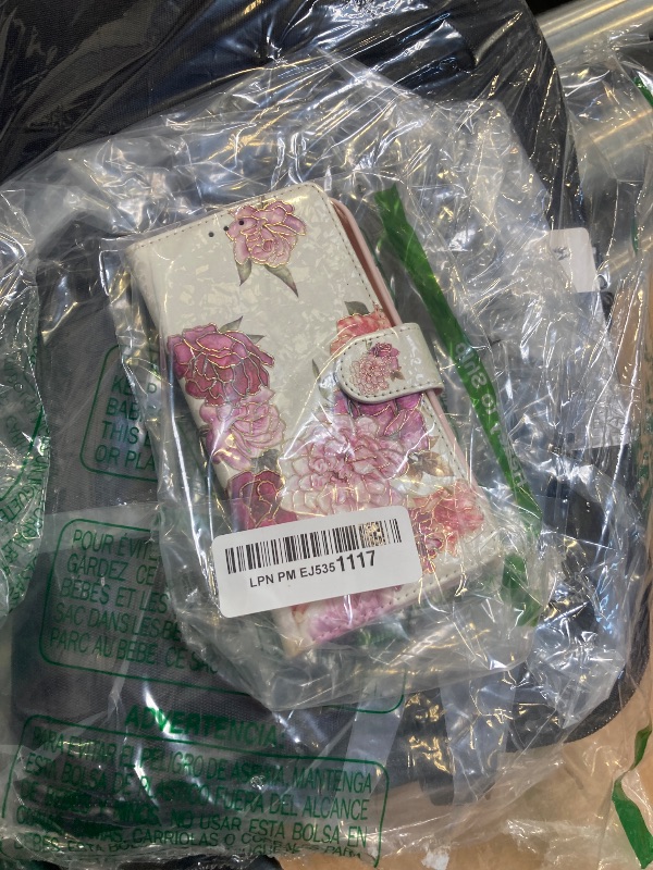 Photo 1 of UEEBAI Wallet Case for iPhone 11 6.1 inch, PU Leather Phone Case Kickstand RFID Blocking Flip Case with Card Slots Wrist Strap Relief Engraved Pattern Magnetic Closure Folio Case - White Flower