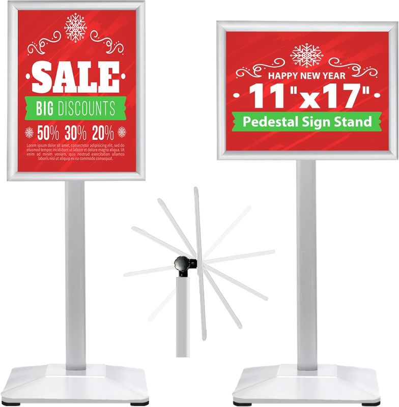 Photo 1 of Pedestal Sign Holder 11x17inch Adjustable Floor Stand With Heavy Base & Snap Frame Display for Indoor Outdoor Business Store Poster (Silver)
