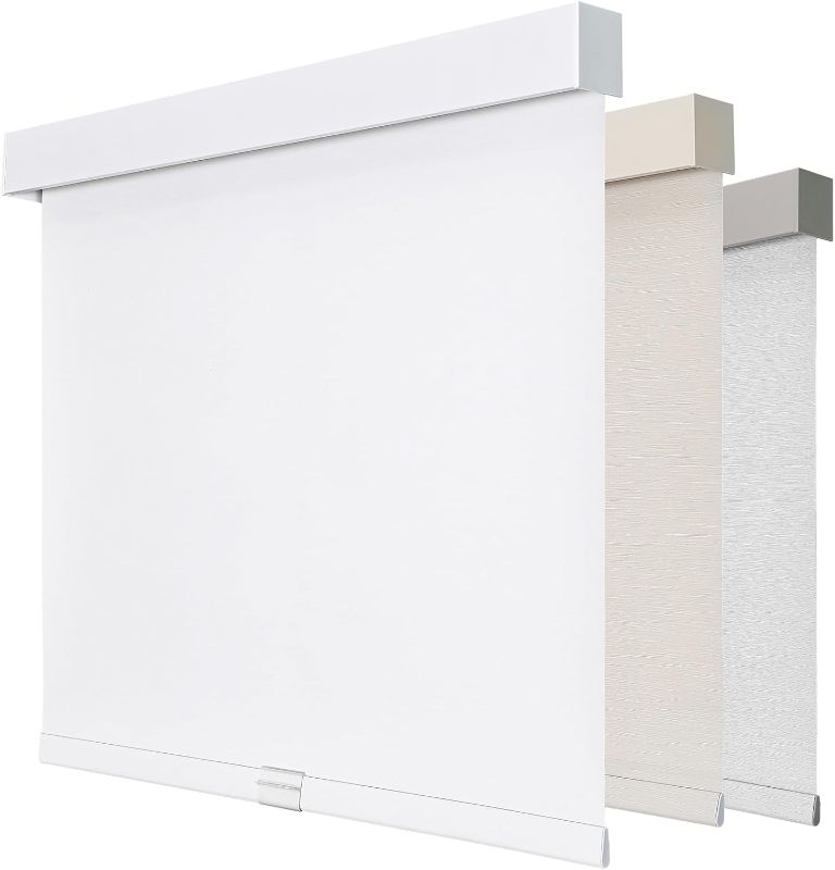Photo 1 of Joydeco 100% Blackout Roller Shades (Pro), Free-Stop Cordless Blinds for Windows, UV Protection, Natural Woven Blinds for Home and Office, Light-Proof Aluminum Cover (35" W x 75" H, White)
