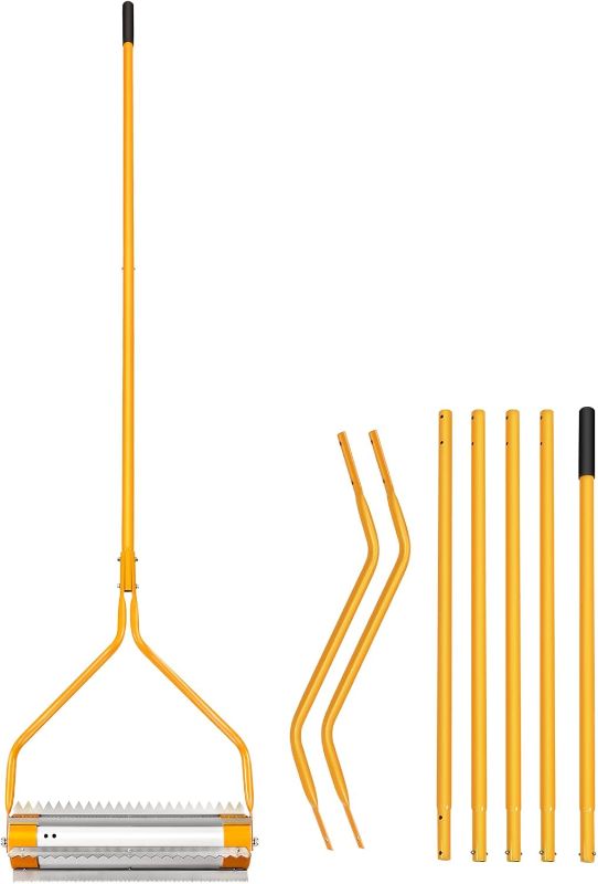 Photo 1 of 18ft Aquatic Weed & Sludge Tiller, Lake & Pond Weed Removal Tool, Rid Weeds Roots and Muck Buildup, 5 Aluminum Handles, 6 Preassembled Stainless Steel Blades, Super Easy Assembly, Yellow
