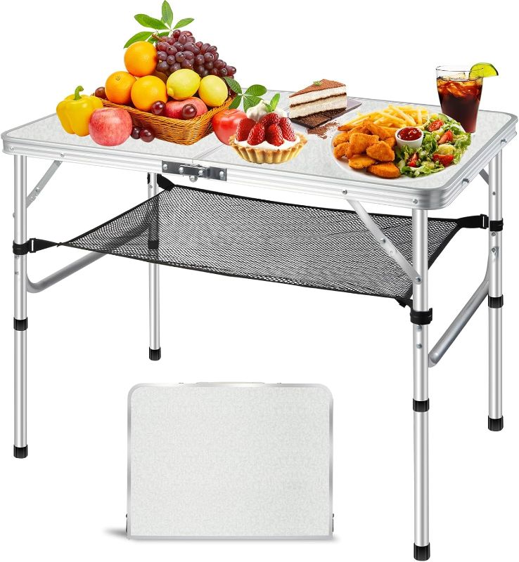 Photo 1 of Folding Camping Table 3FT, 2 Heights Adjustable Portable Camping Table, 36" L x 24" W x 28" H Aluminum Picnic Table with Mesh Layer, for Outdoor Indoor Balcony Camp Picnic Beach BBQ (Medium)
