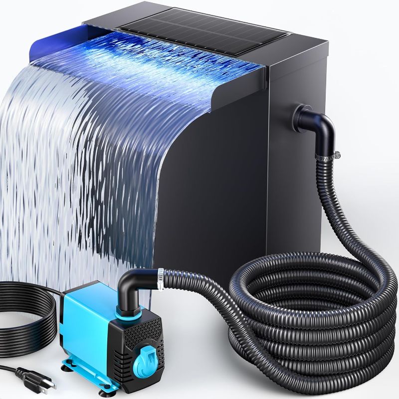 Photo 1 of POPOSOAP Pond Waterfall Spillway Kit with LED Lights, 13.4" H x 12" W Stainless Steel Spillway with 660GPH Pond Pump, Filtration, 10FT Corrugated Tubing Waterfall for Water Garden, Backyard, Pool
