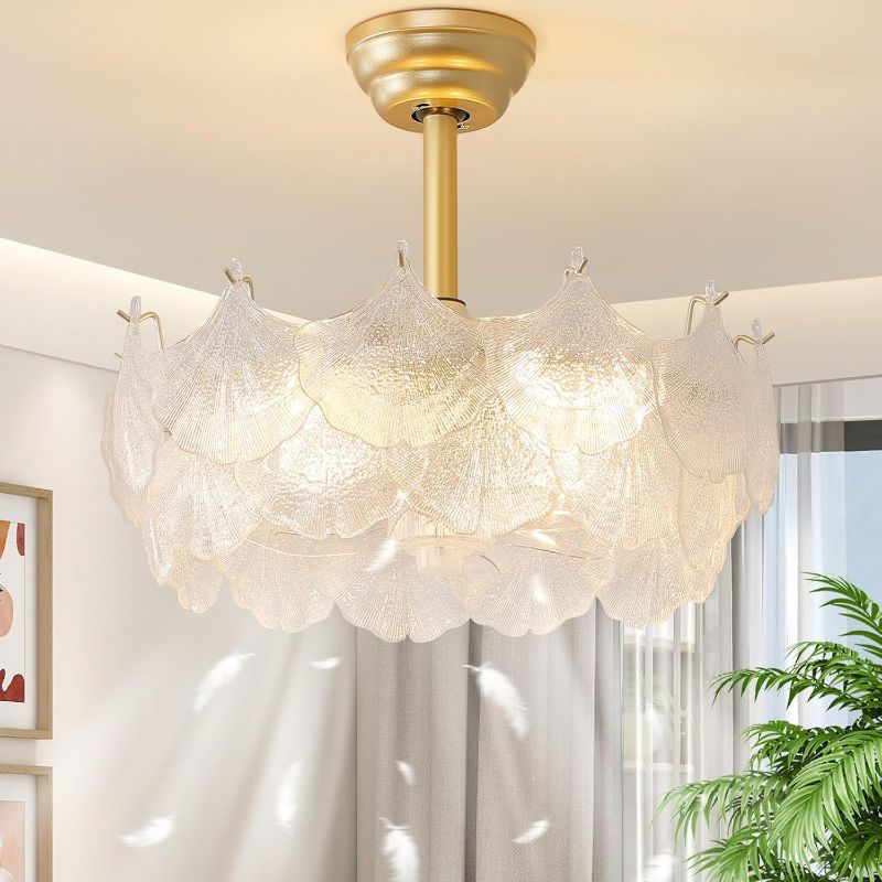 Photo 1 of 20'' Fandelier Ceiling Fans with Lights, Gold Caged Ceiling Fan with Remote Low Profile, 6 Speed and Gingko Leaf, Modern Semi Flush Mount Ceiling Fan for Bedroom, Living Room, Nursery

