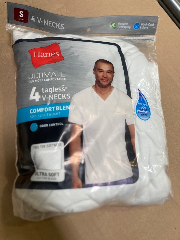 Photo 1 of Hanes Ultimate Men's 4-Pack ComfortBlend V-Neck with FreshIQ Odor Protection, White, Small