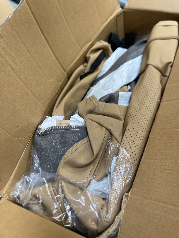 Photo 1 of CAR PASS Piping Leather Seat Cover,Universal FIT with Composite Sponge Inside,Airbag Compatible and Reserved Opening Holes,Inside zipper for Cars,Sedan,SUV,Truck(Full Set,Beige with Tan Piping-Stripe)