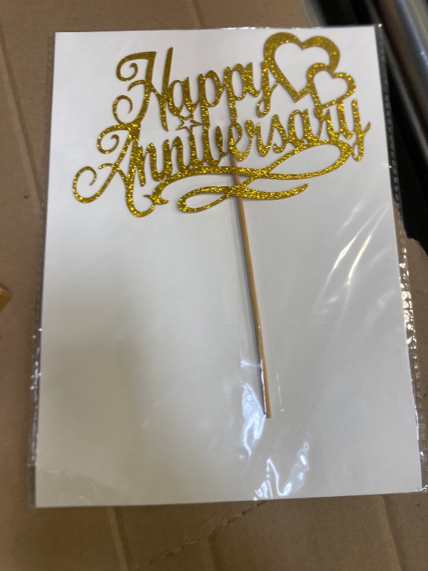 Photo 1 of BMINJIE Gold Glitter Happy Anniversary Cake Topper, Wedding Anniversary, Company Anniversary, Birthday Party Decoration