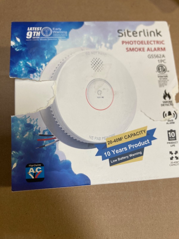 Photo 1 of Siterlink Hardwired Interconnected Smoke Detectors,Photoelectric Smoke Alarm with 9V Battery Backup,Test/Silence Button, Hard Wired Fire Alarm for Home GS562A 1pack