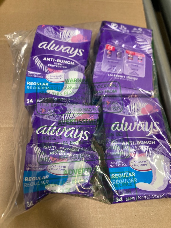 Photo 1 of Always Anti-Bunch Xtra Protection Daily Liners, Regular Length, Unscented, 34 Count x 4 (136 Count Total) (Packaging May Vary)