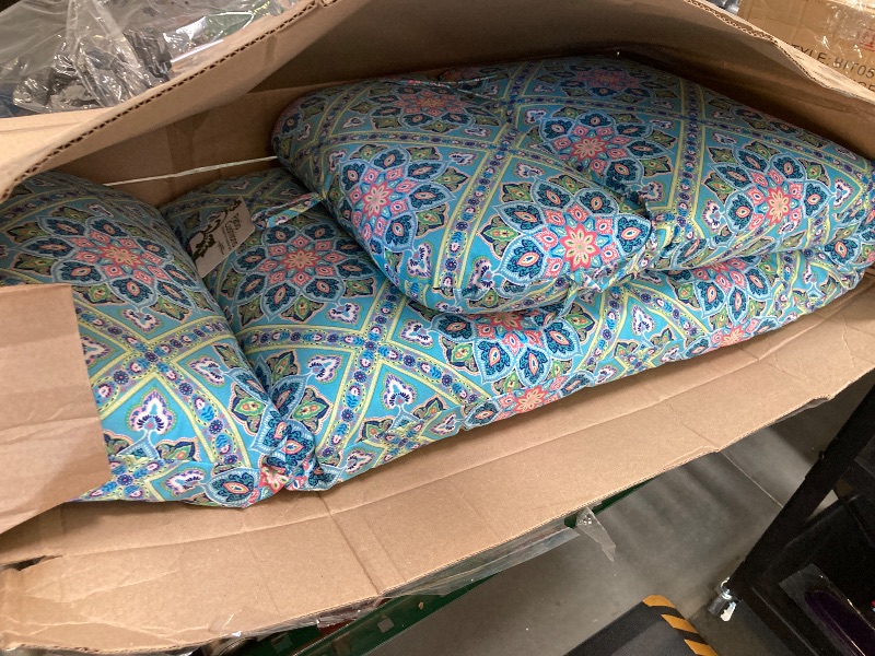 Photo 1 of Jordan Manufacturing 74" x 22" Medlo Island Teal Medallion Rectangular Outdoor Chaise Lounge Cushion with Ties and Hanger Loop