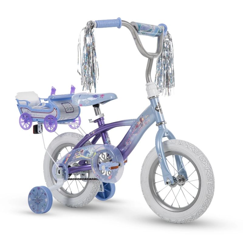 Photo 1 of Disney Frozen Bike with Doll Carrier Sleigh for Girls, 12-inch, Purple, by Huffy
