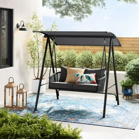 Photo 1 of Mainstays Lawson Ridge 2-Seat Steel Outdoor Freestanding Porch Swing with Canopy and Cushions Black