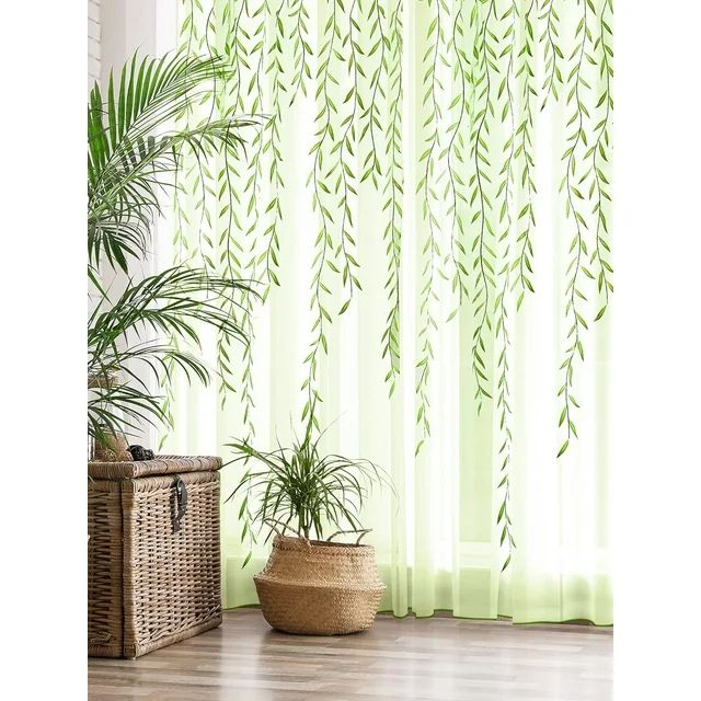 Photo 1 of Sunyuer Leaf Sheer Curtains 2 Panels, Vine Patterned Green Sheers Rod Pocket Leaves Voile Drapes Willow Design Window Curtain for Bedroom, Living Room, Balcony, Sunroom,Doorway Decor
