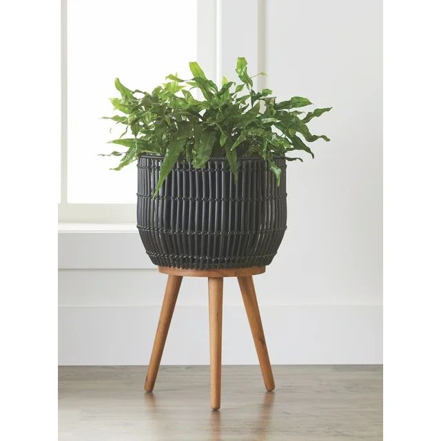 Photo 1 of Better Homes & Gardens Black Round Resin Planter & Stand Set with Wood Legs