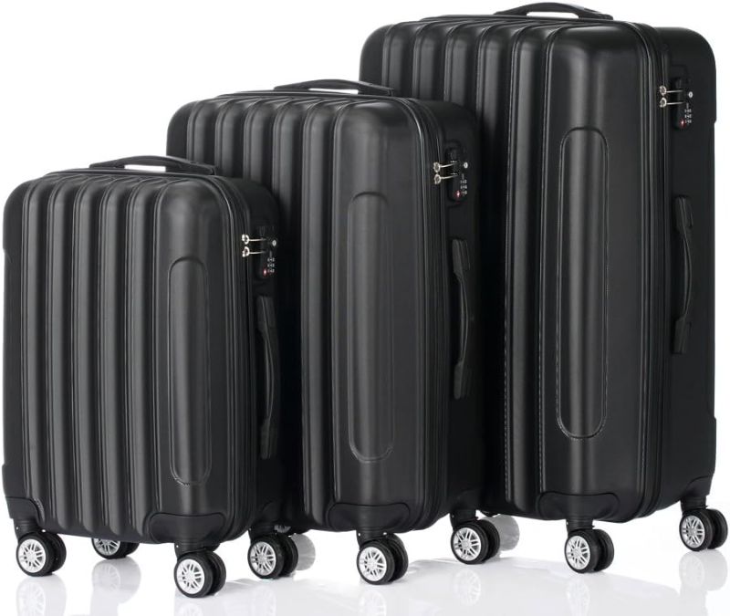 Photo 1 of  3 Pieces Hardside Suitcase Set, Lightweight Luggage Sets with 4 Rolling Spinner Wheels TSA Lock, Carry On or Check-in Trolley Travel Case, Black ABS Hard Shell 