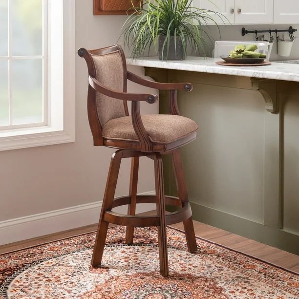Photo 1 of Linon Brandon Upholstered 30" Wood Swivel Bar Stool with Arms in Warm Cherry