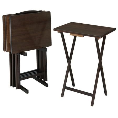 Photo 1 of Mainstays Indoor Folding Table Set of 4 in Walnut L19 X W15 X H26 Inches. 4 Tables+1 Rack Stand