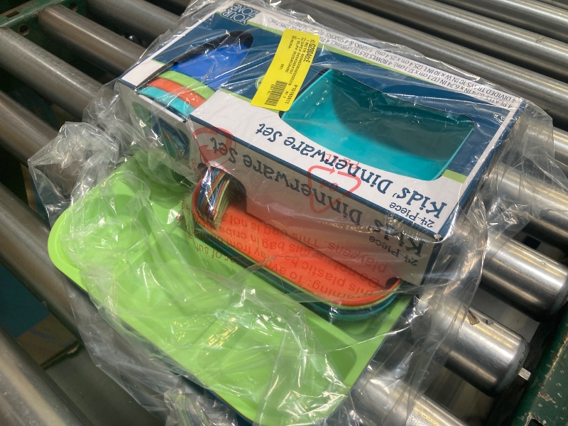 Photo 1 of Your Zone 24-Piece Plastic Kids Dinnerware Set with 4 Trays, Bowls, Plates, Cups, Forks, Spoons in Orange, Blue, Aqua, Green